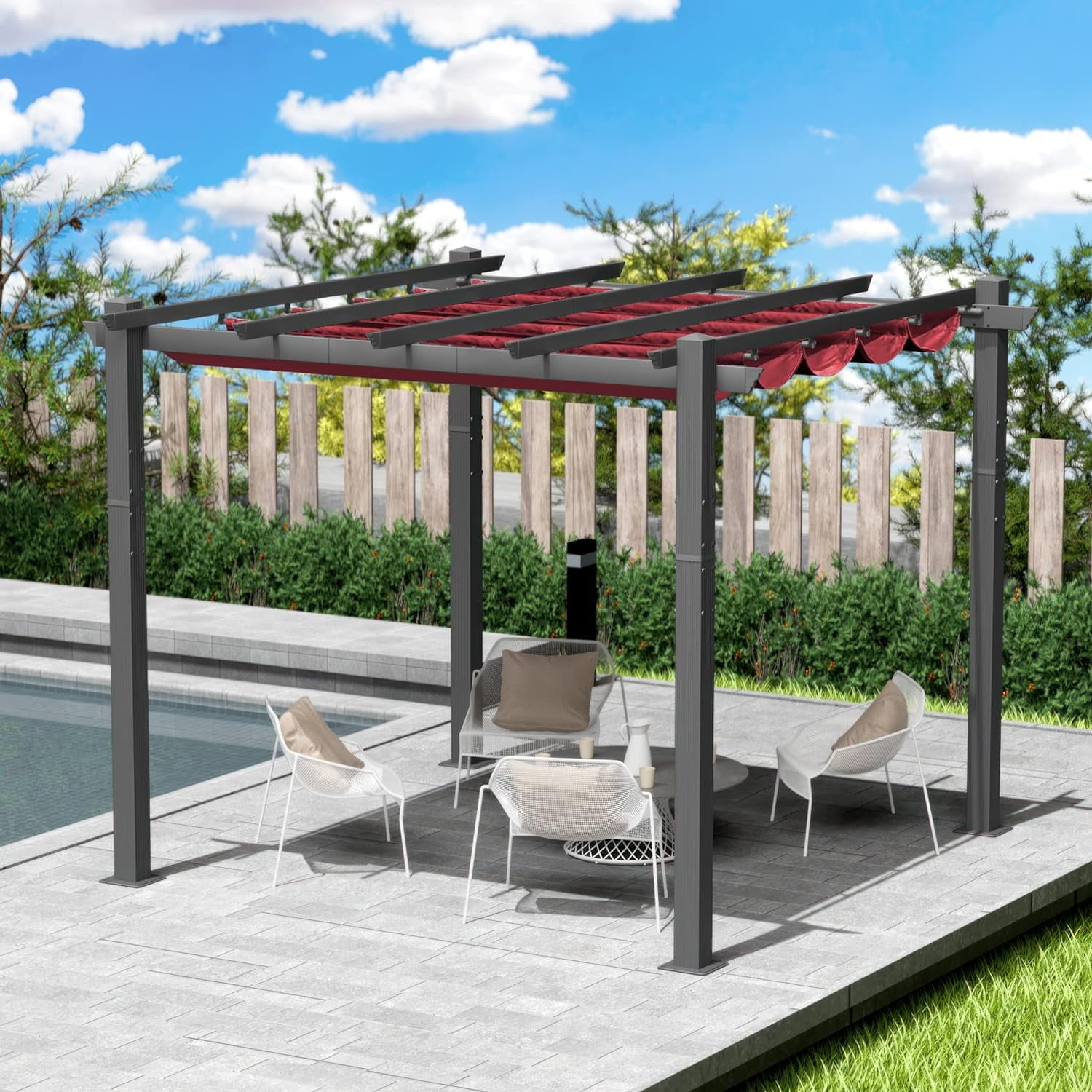 Burgundy Aluminum Outdoor Pergola with Retractable Canopy, 10 ft. x 10 ft.