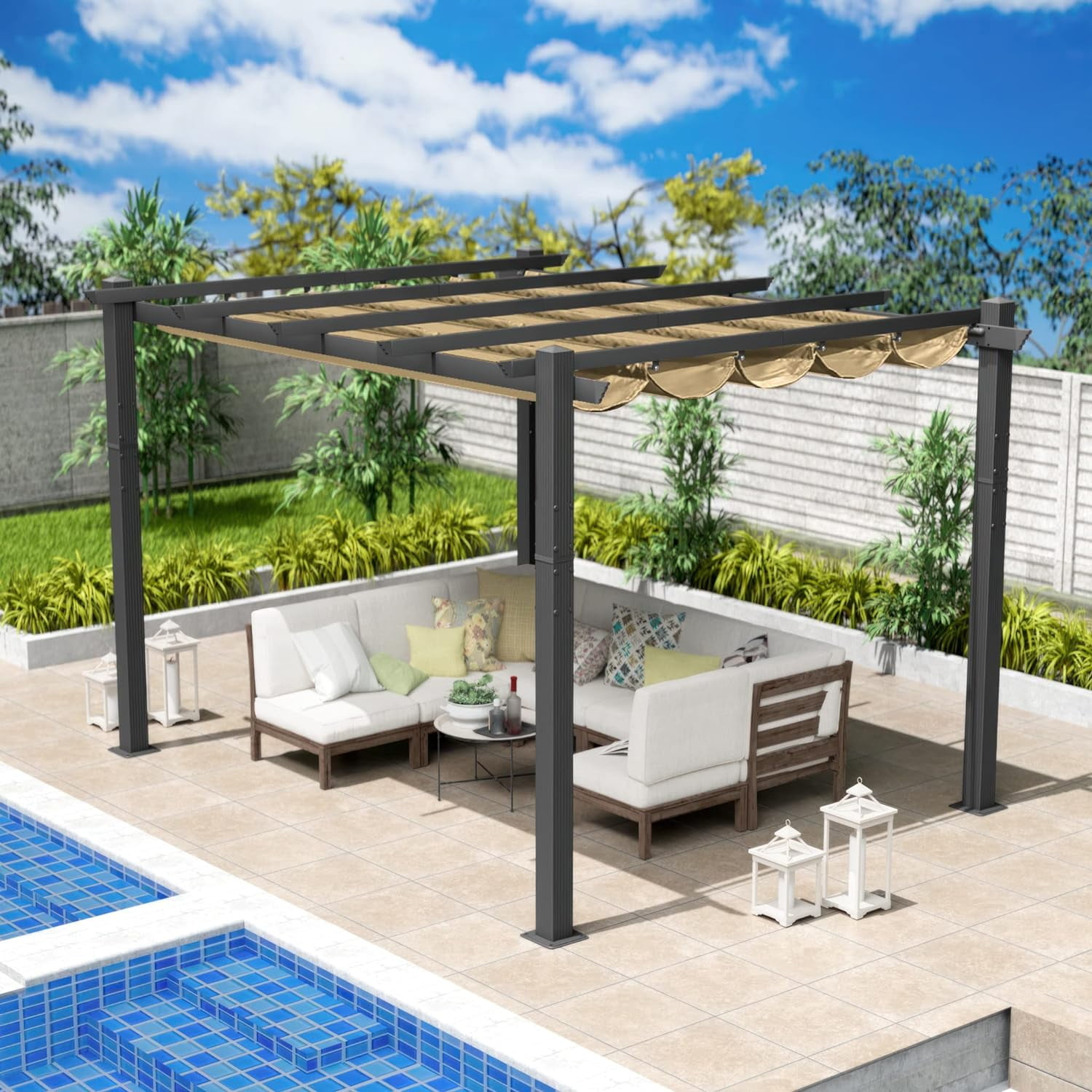 Tan Aluminum Outdoor Pergola with Retractable Sun Shade Canopy
