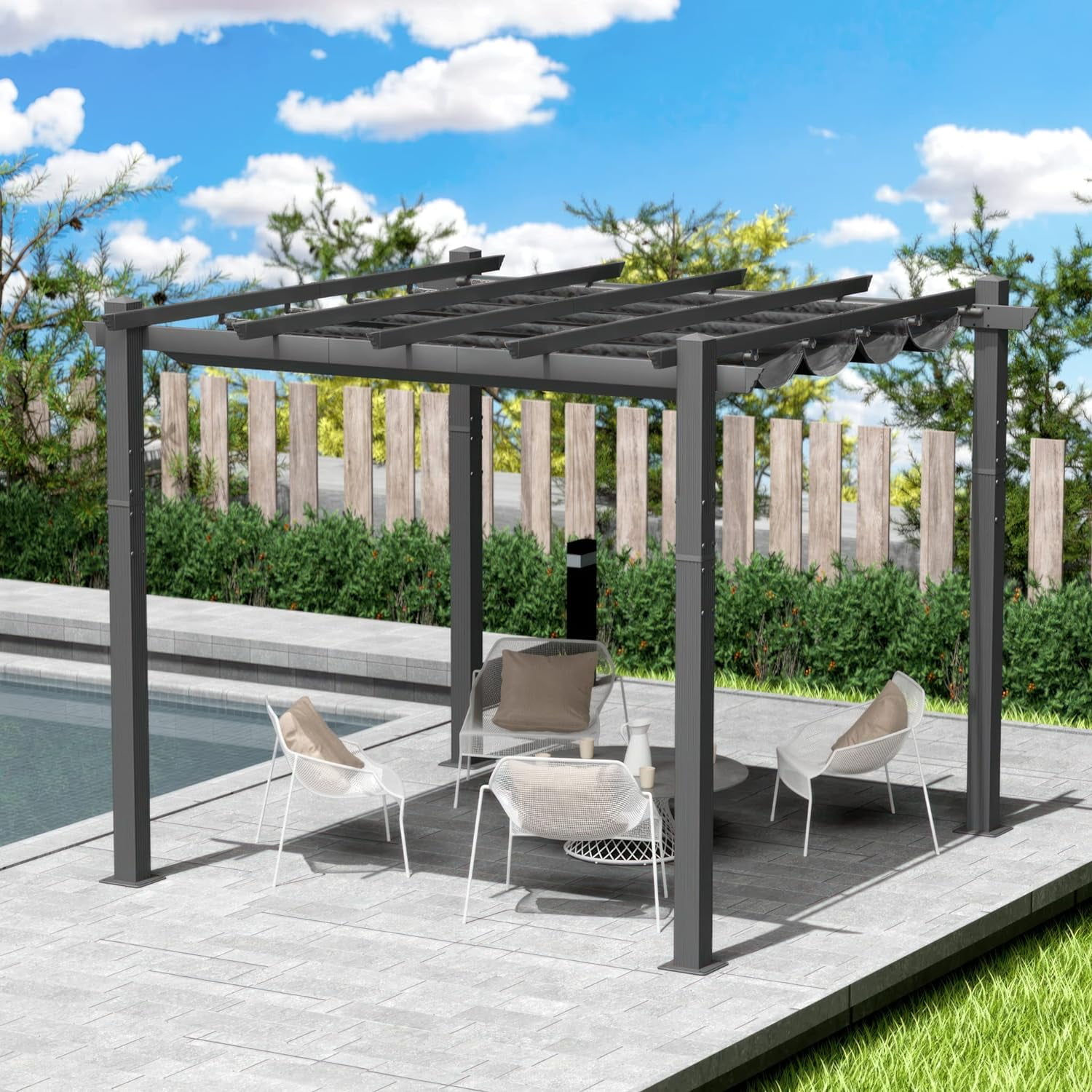 Gray Aluminum Frame Outdoor Pergola with Expandable Canopy