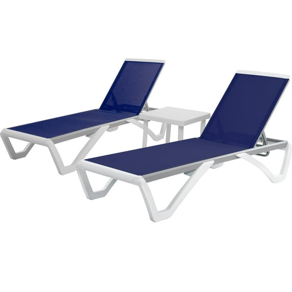 Kozyard Patio Chaise Lounge Chair - Full Flat Alumium & Resin Legs, Outdoor Reclining Adjustable Chair for Sunbathing, Beach, Patio, Lounge Set or Patio Table (2 Pack NavyBlue W/ Table)