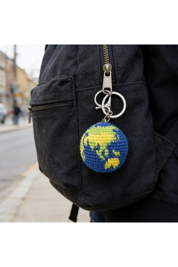 Hand-Crocheted Earth Backpack Charm, Pixelated Globe Keychain, Eco-Friendly Planet Ornament for Bag, Car Mirror & Home Decor, Unique Handmade Gift for Earth Day