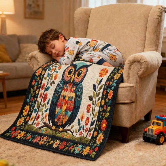 Kozzylandra Throw Print Blanket,Cottage Garden Quilt Print Soft Polyester Lightweight All-Season Portable Lap Blanket for Sofa Travel, 39"x27.6"(Owl)