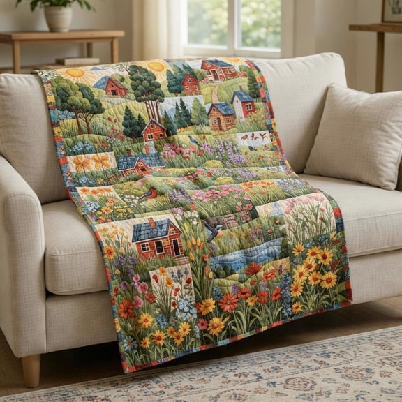 Kozzylandra Throw Print Blanket,Cottage Garden Quilt Print Soft Polyester Lightweight All-Season Portable Lap Blanket for Sofa Travel,A