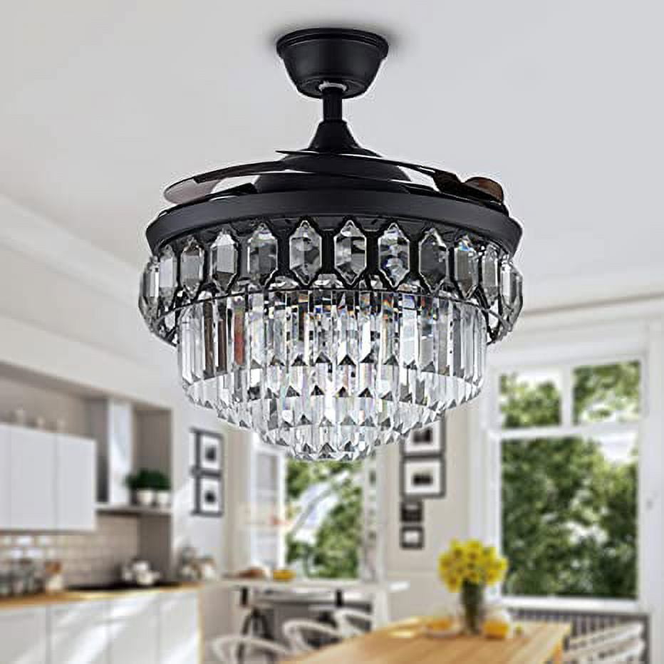 Kpibest Black Chandelier Ceiling Fan, 42 inch Modern Luxury Crystal Ceiling Fan Lamp, Retractable 4 Blades Remote Control Fixtures, Home Decorating Ceiling Fan 3 Color Changing for Dining,Bedroom