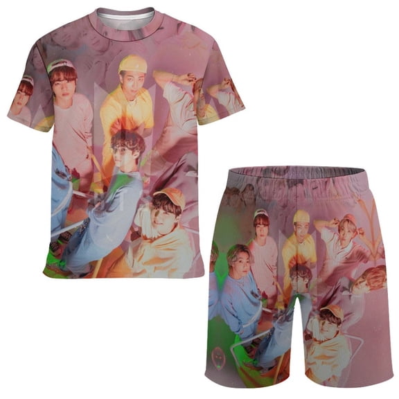 Kpop BTS Boys Short Sleeve Mesh T-Shirt And Shorts Outfit Set Summer Clothes Set for Kids