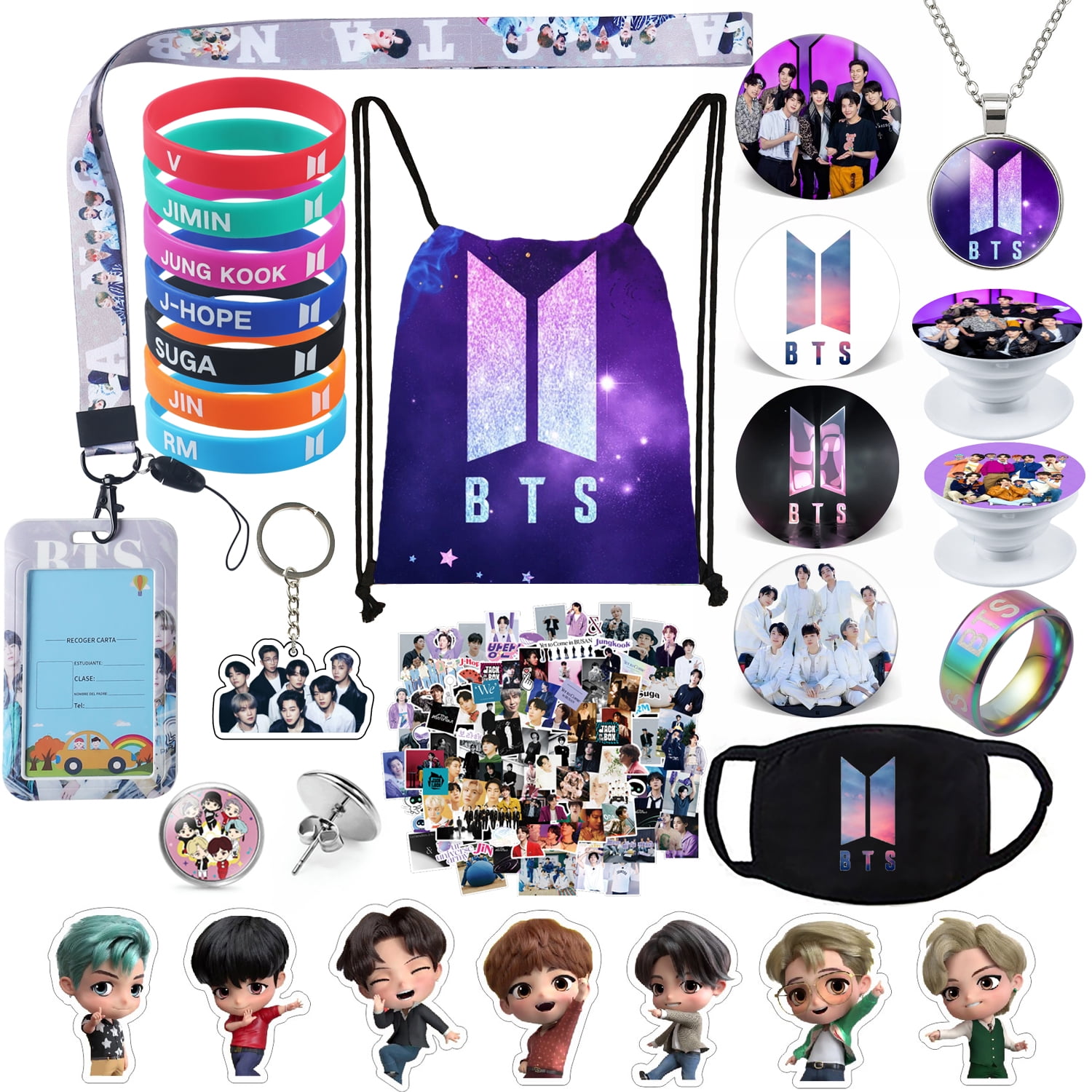 Kpop BTS Gifts Set, Including Drawstring Bag Backpack, Necklace, Earrings, Rings, Bracelets, Face Shield, Button Pins, Lanyard ID Holder, Keychain, Kpop BTS Gifts Set, Including Drawstring Bag Backpack, Necklace, Earrings, Rings, Bracelets, Face Shield, Button Pins, Lanyard ID Holder, Keychain,