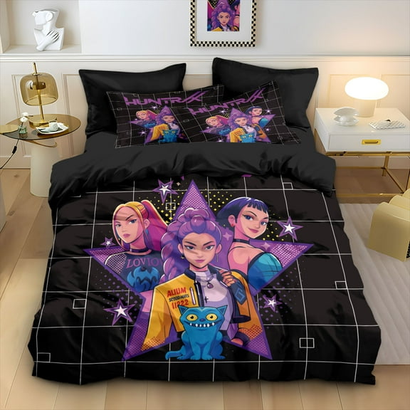 Kpop Bedding 3 Set Vibrant Full-Color Anime Design with Cars Perfect for Fans