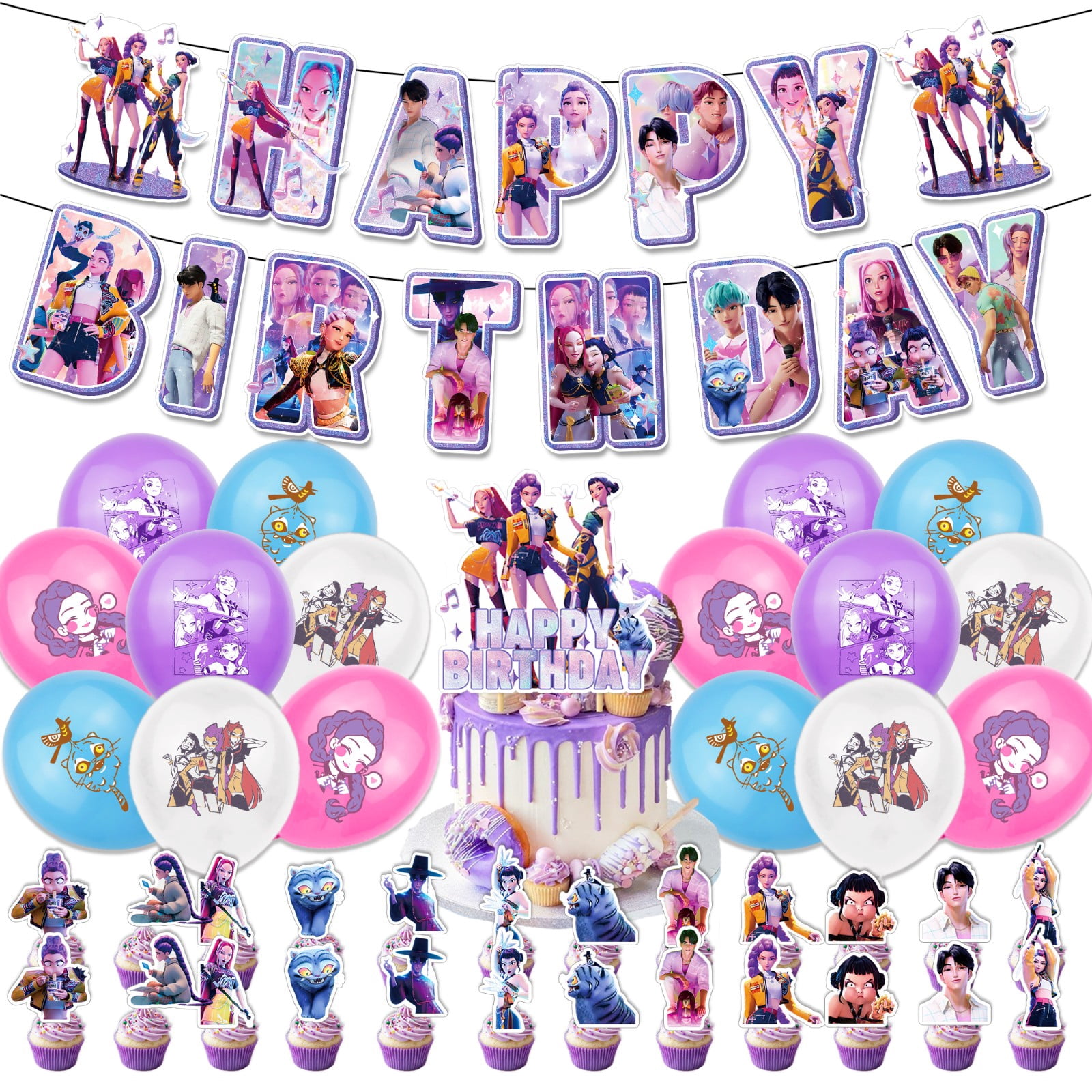 Kpop Demon Hunters Birthday Party Supplies Set, Kpop Huntrix Rumi Mira ...