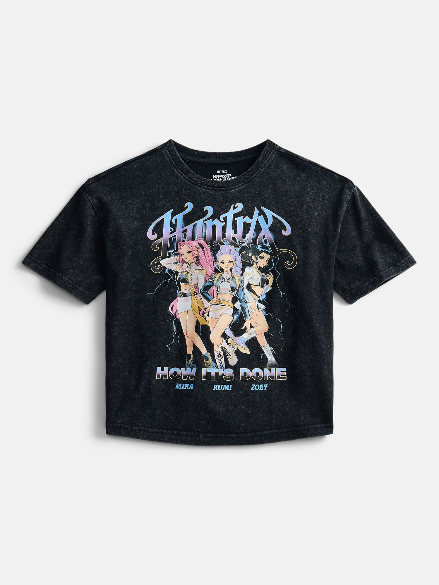 K Pop Demon Hunters Girl’s Boxy Mineral Washed Halloween Crewneck Tee with Short Sleeves, Sizes 4-16