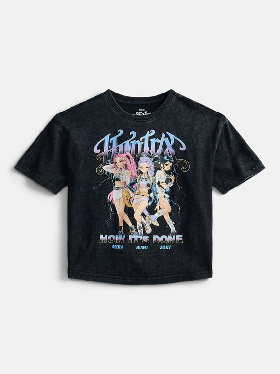 K Pop Demon Hunters Girl’s Boxy Mineral Washed Halloween Crewneck Tee with Short Sleeves, Sizes 4-16