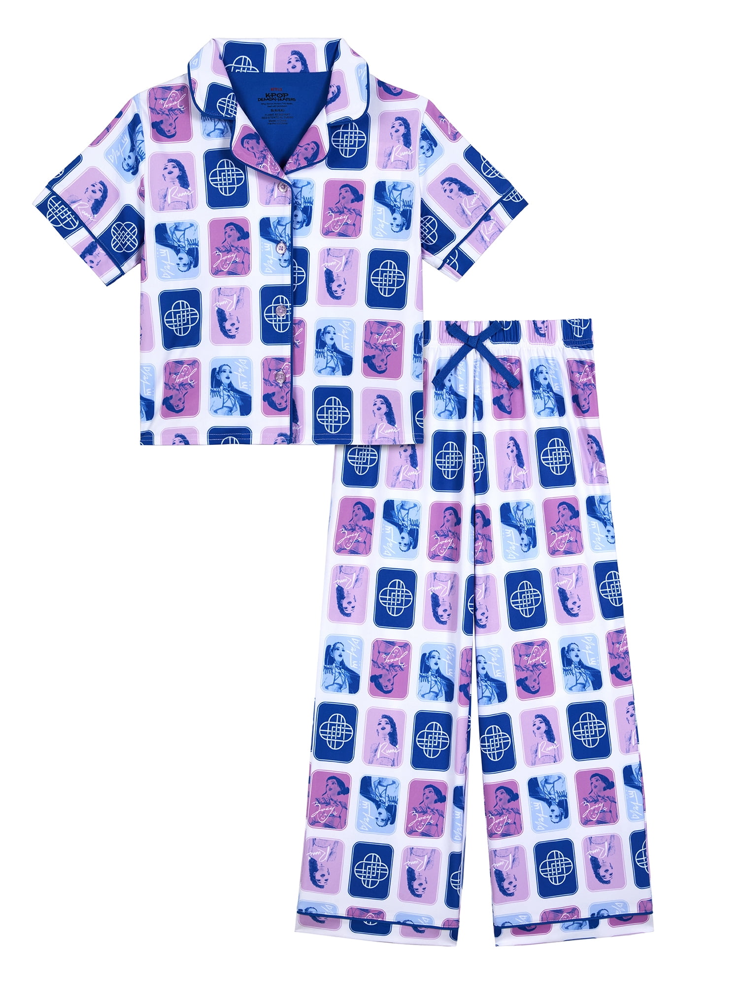 Kpop Demon Hunters Girls Short Sleeve Sleep Notch Collar Top and Pants Pajama Set, 2-Piece, Sizes 6-12