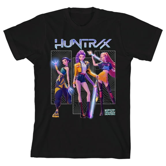 Kpop Demon Hunters Huntrix Rumi Zoey Mira Boy's Black Crew Neck Short Sleeve T-shirt-XL