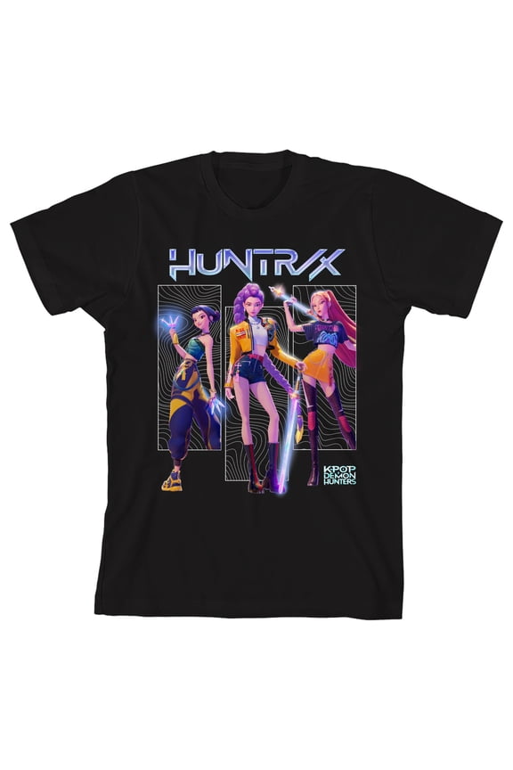 Kpop Demon Hunters Huntrix Rumi Zoey Mira Boy's Black Crew Neck Short Sleeve T-shirt-XS