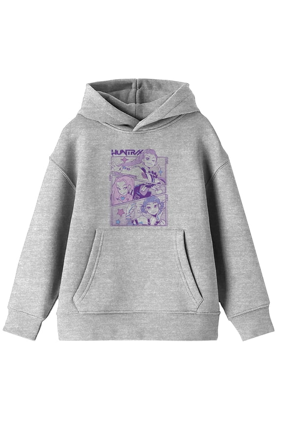 Kpop Demon Hunters Panel Art HuntrX Boys Heather Gray Long Sleeve Hoodie-Medium