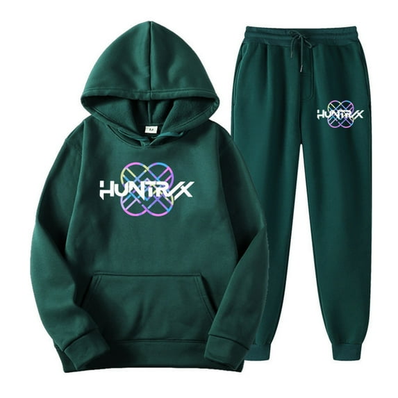 Kpop Demon Hunters Printed Men's Hooded Sweatshirt Set in Green Xxl