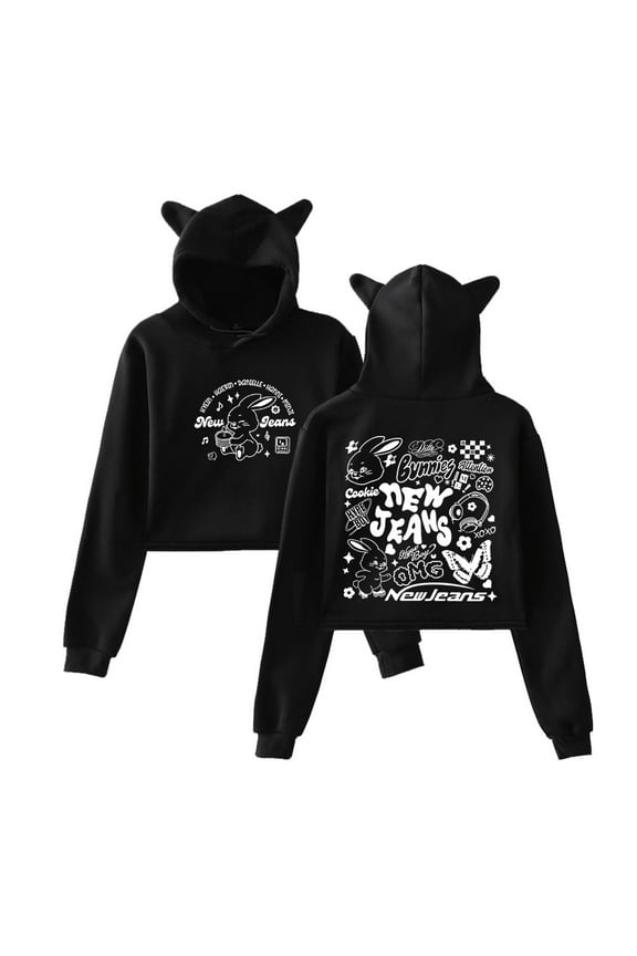 Kpop New Jeans NJWMX Logo Merch Pullover Female Cat Ears Hoodie Long Sleeve Top Women's Clothes