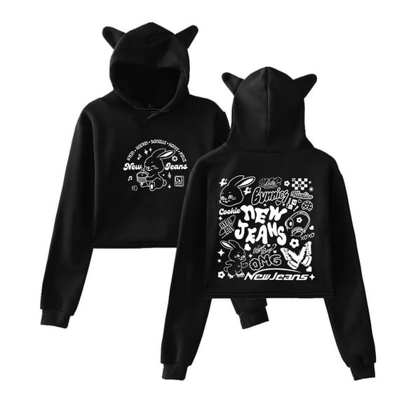 Kpop New Jeans NJWMX Logo Merch Pullover Female Cat Ears Hoodie Long Sleeve Top Women's Clothes