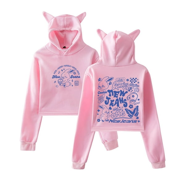 Kpop New Jeans NJWMX Logo Merch Pullover Female Cat Ears Hoodie Long Sleeve Top Women's Clothes