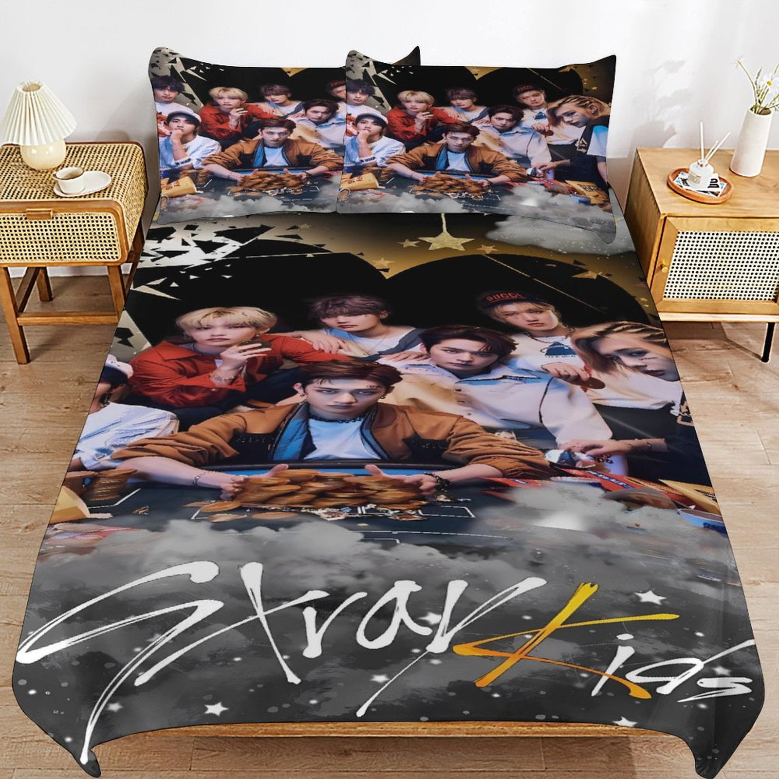 Kpop Stray Kids Bed Duvet Cover Microfiber Bedding Sets 3D Printed Lightweight 3 Piece Comforter Sets 1 Duvet Cover And 2 Pillow Shams for Kids Boys