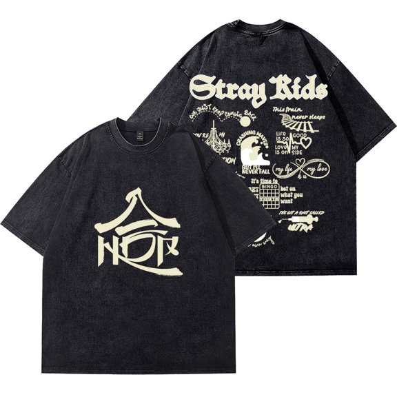 Kpop Stray Kids Hop Tracklist Wash T-Shirts Streetwear Tops Unisex HipHop Cotton Short Sleeve Tee