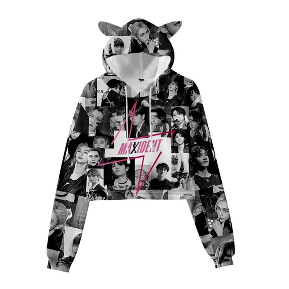 Kpop Stray Kids MANIAC Logo Printed 3D Cat Ears Hoodie for Women Long Sleeve Pullover Hooded Sweatshirt