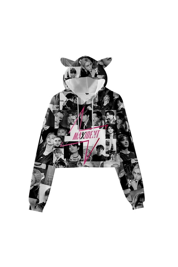 Kpop Stray Kids MANIAC Logo Printed 3D Cat Ears Hoodie for Women Long Sleeve Pullover Hooded Sweatshirt