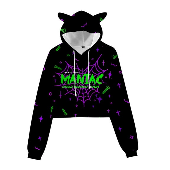 Kpop Stray Kids MANIAC Logo Printed 3D Cat Ears Hoodie for Women Long Sleeve Pullover Hooded Sweatshirt