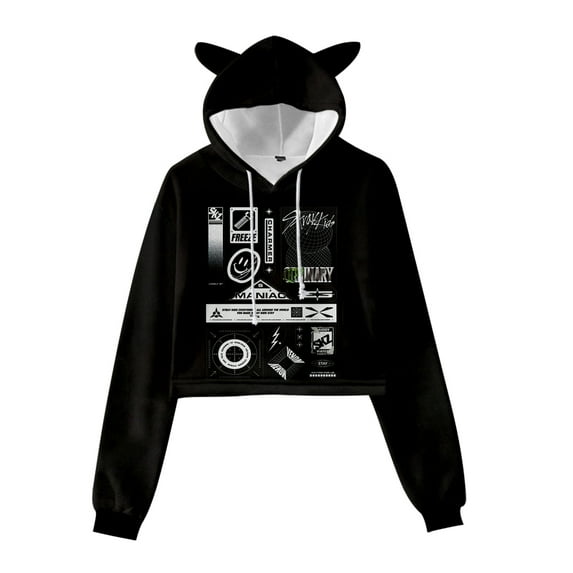 Kpop Stray Kids MANIAC Logo Printed 3D Cat Ears Hoodie for Women Long Sleeve Pullover Hooded Sweatshirt