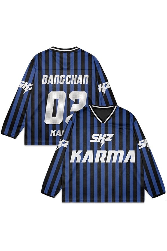 Kpop Stray Kids SKZ Karma Album Merch Splicing V-Neck Jersey – Unisex Long Sleeve Pullover Sweatshirts Casual Streetwear for STAY Fan Support Outfi