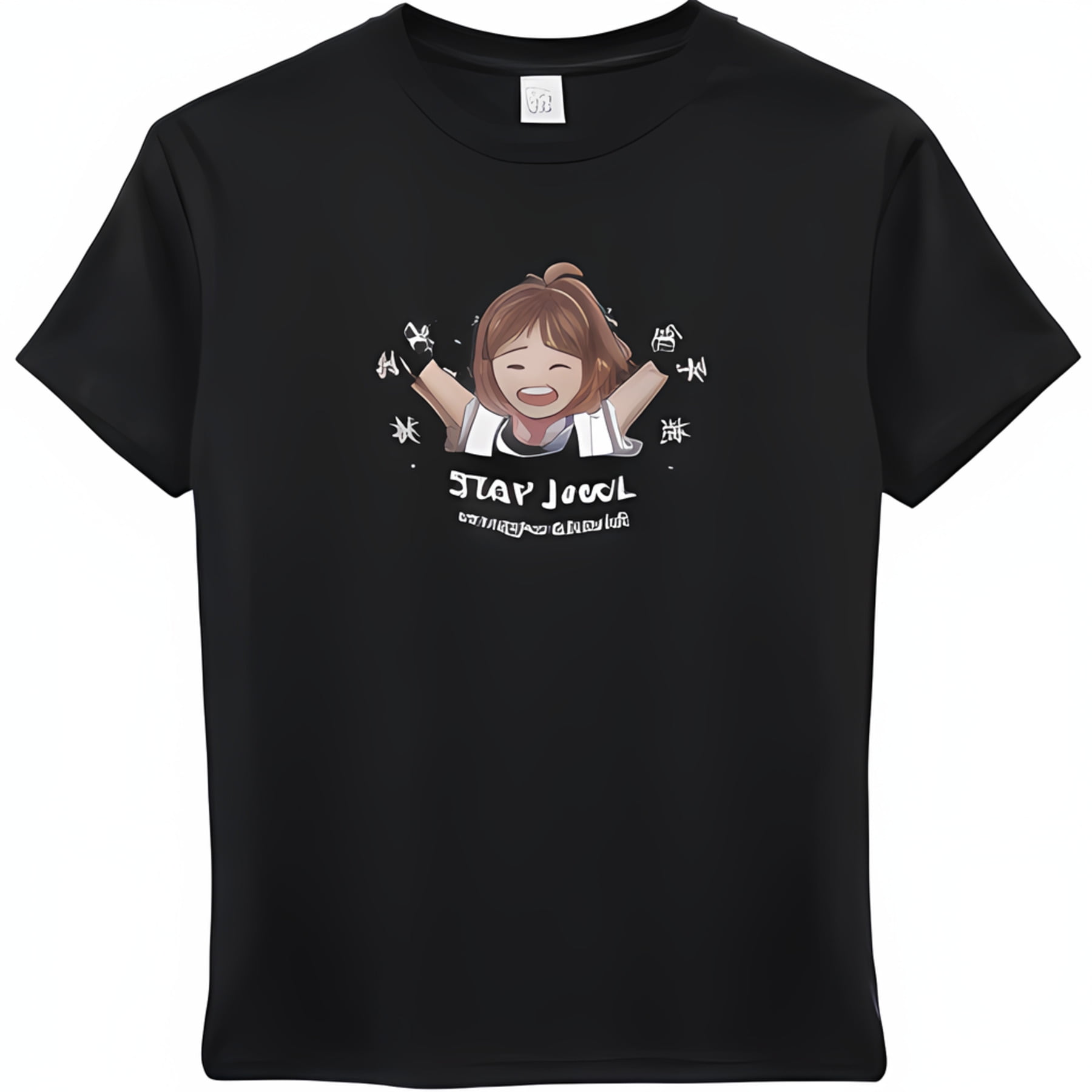 Kpop Style Cute Cartoon Girl Celebrating with Good Luck Stars on Black T-Shirt Unique Design with Chinese
