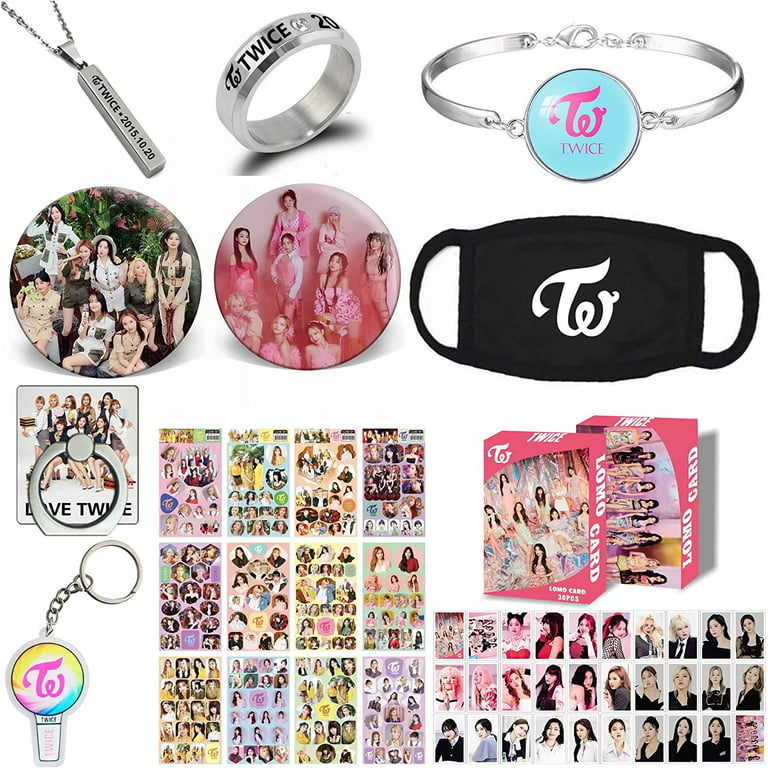 Kpop Twice Gifts Set, Twice Photocard, Stickers, Bracelet, Face Shield,  Rings, Pendant Necklace, Button Pin, Phone Ring Holder, Keychain 