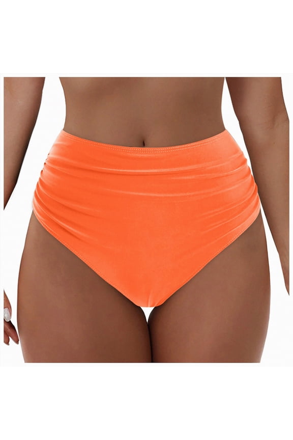 Womens High Waisted Bikini Bottoms Tummy Control Swim Bottom Ruched Full Coverage Retro Swimwear Size M,Orange