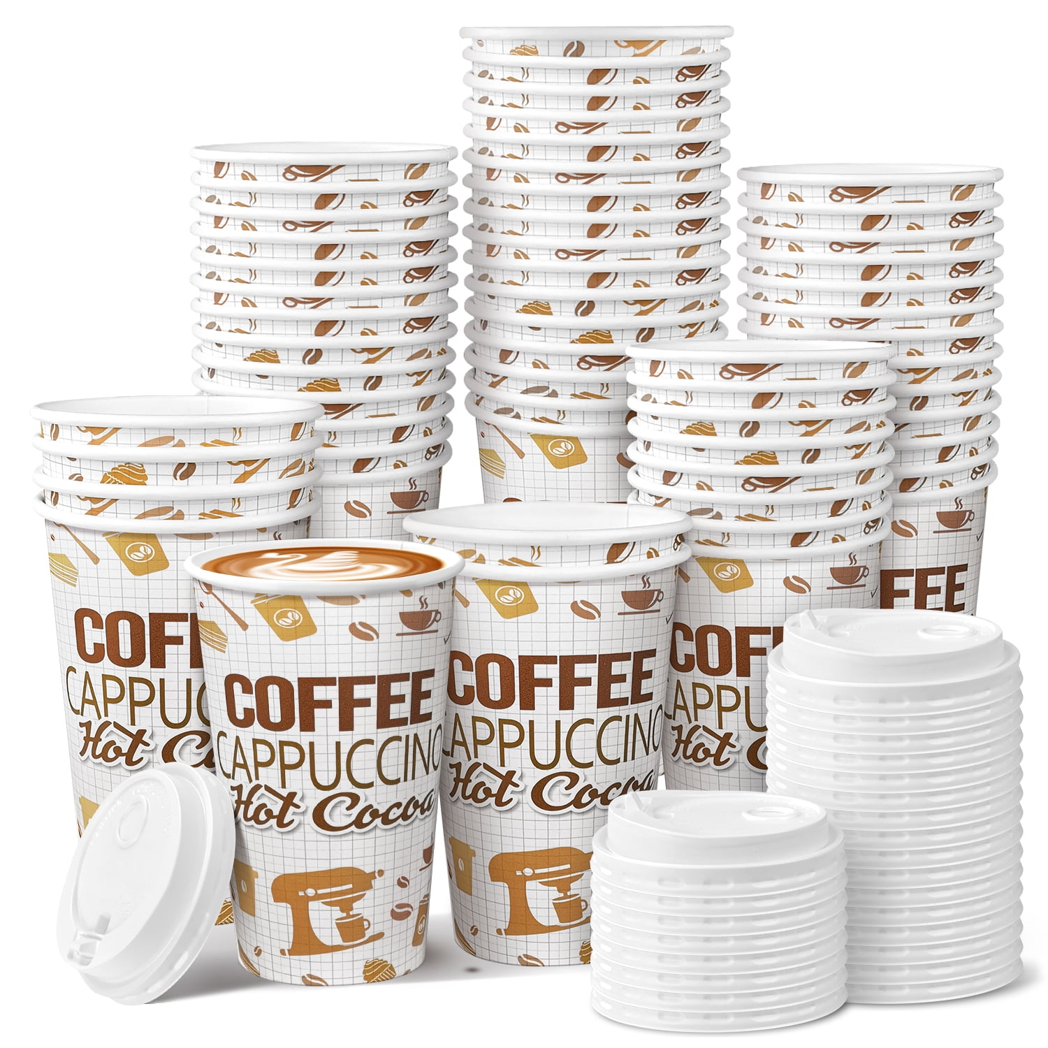 Kpx 100 Pack 16oz Disposable Coffee Cups with Lids, White Brown to Go