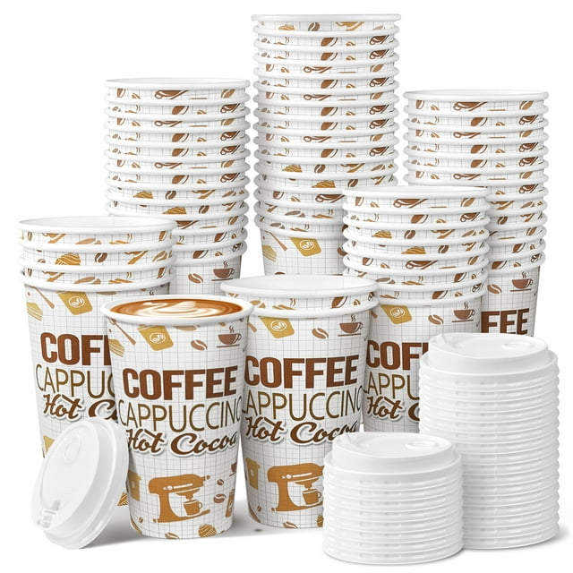 Kpx 100 Pack 16oz Disposable Coffee Cups with Lids, White Brown to Go
