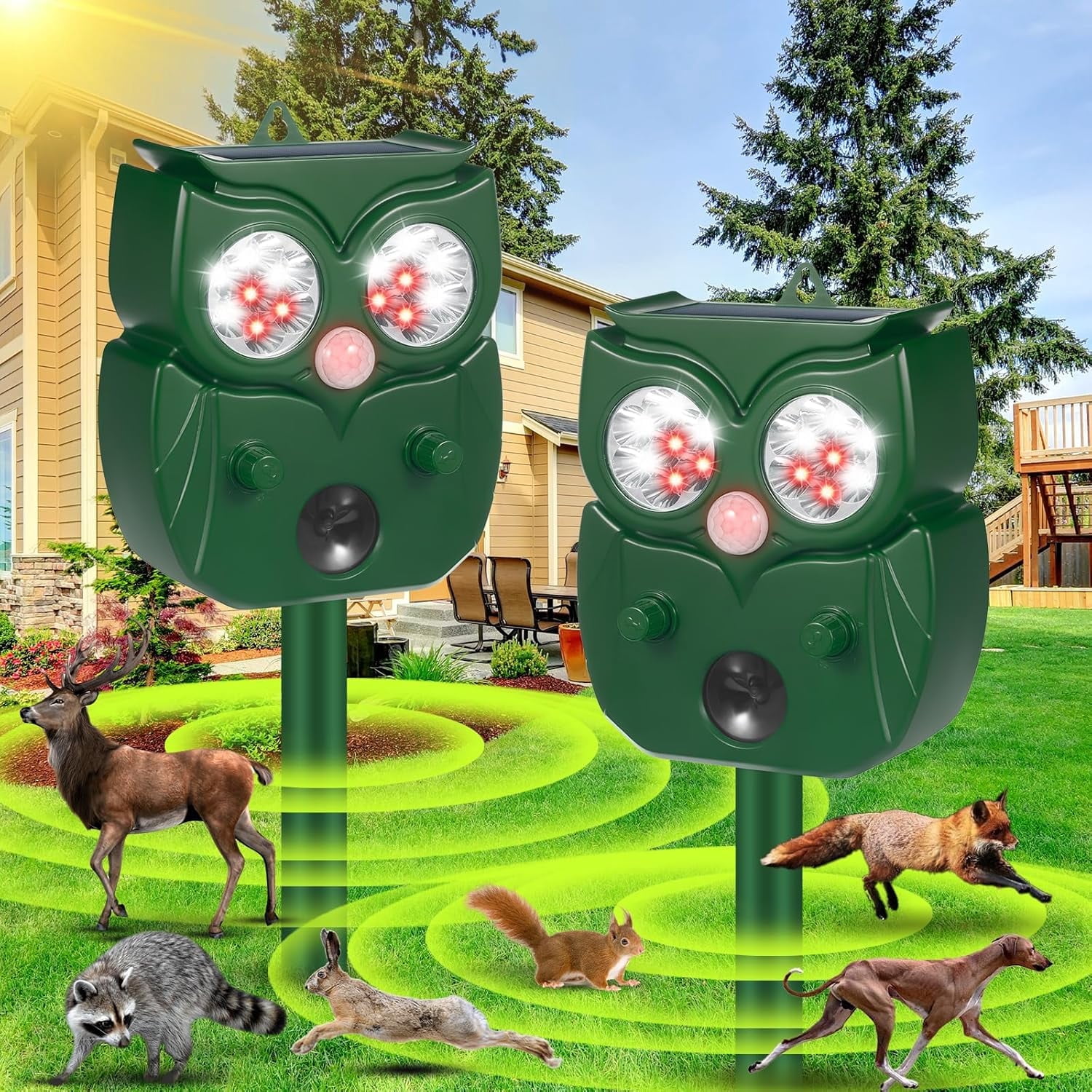 Kqiang 2pcs  Solar Ultrasonic in Repellent Defender Rat, Squirrel, Deer, Raccoon, Skunk, Rabbit, Mole, Dog, Cat, with Motion Detector LED Flash Lights for Yard Lawns Garden