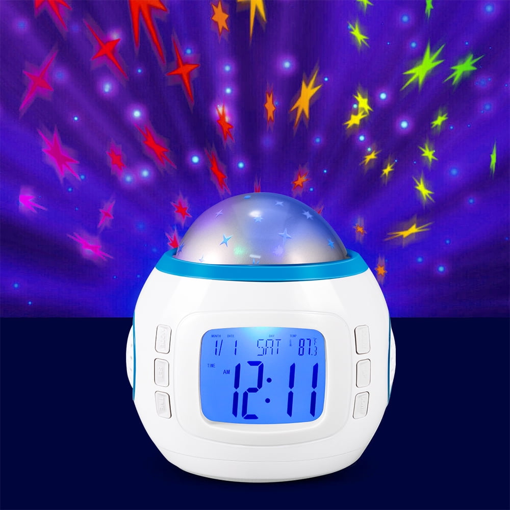 Kqiang Star Nightlig Alarm Clock Sunrise, Kids Alarm Clock Children Star Projection Digital Clock with Starry Sky Music Calendar Thermometer BacklightWhite