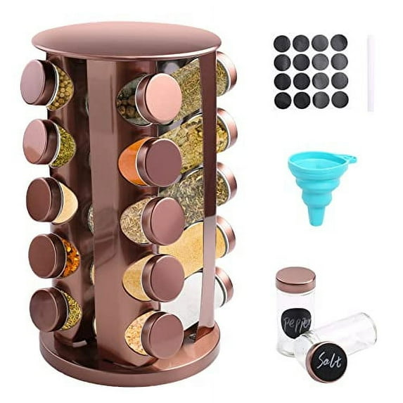 Kqpoinw Spice Carousel, Spice Rack Rotating 360°, Spice Organizer with 20 Spice Jars, Stainless Steel Spice Rack Spice Jars with Shelf for Kitchen, Gold