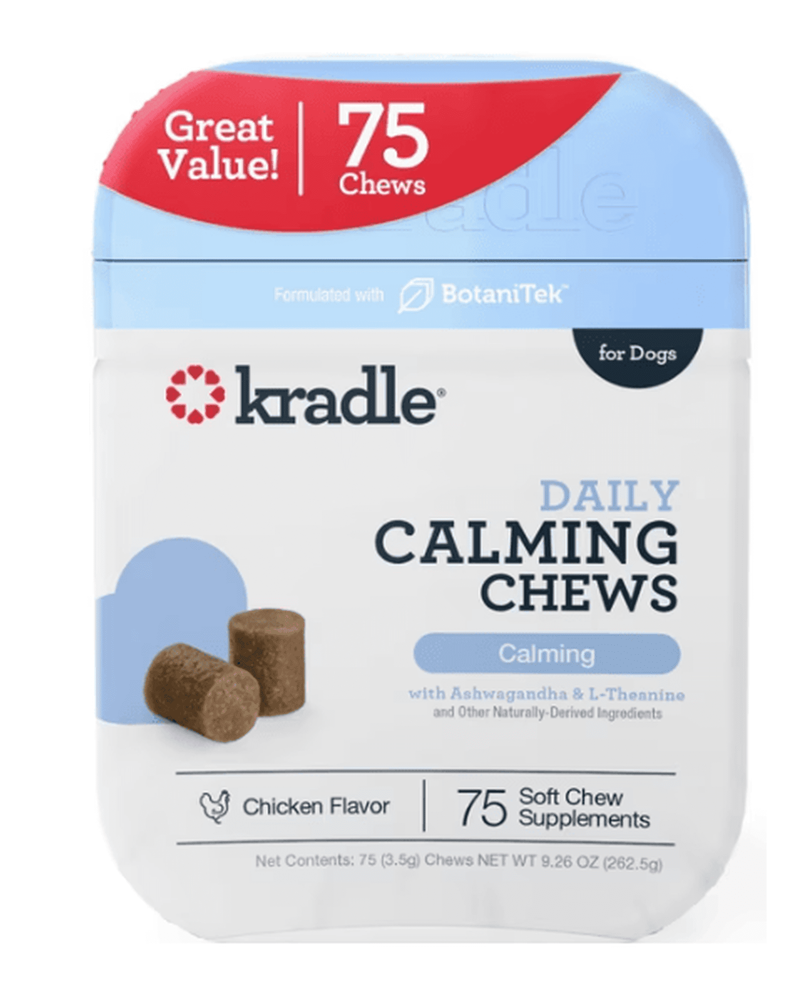 Kradle Calming Daily Soft Chews for Stress & Anxiety in Dogs, Chicken Flavor, 75 Count