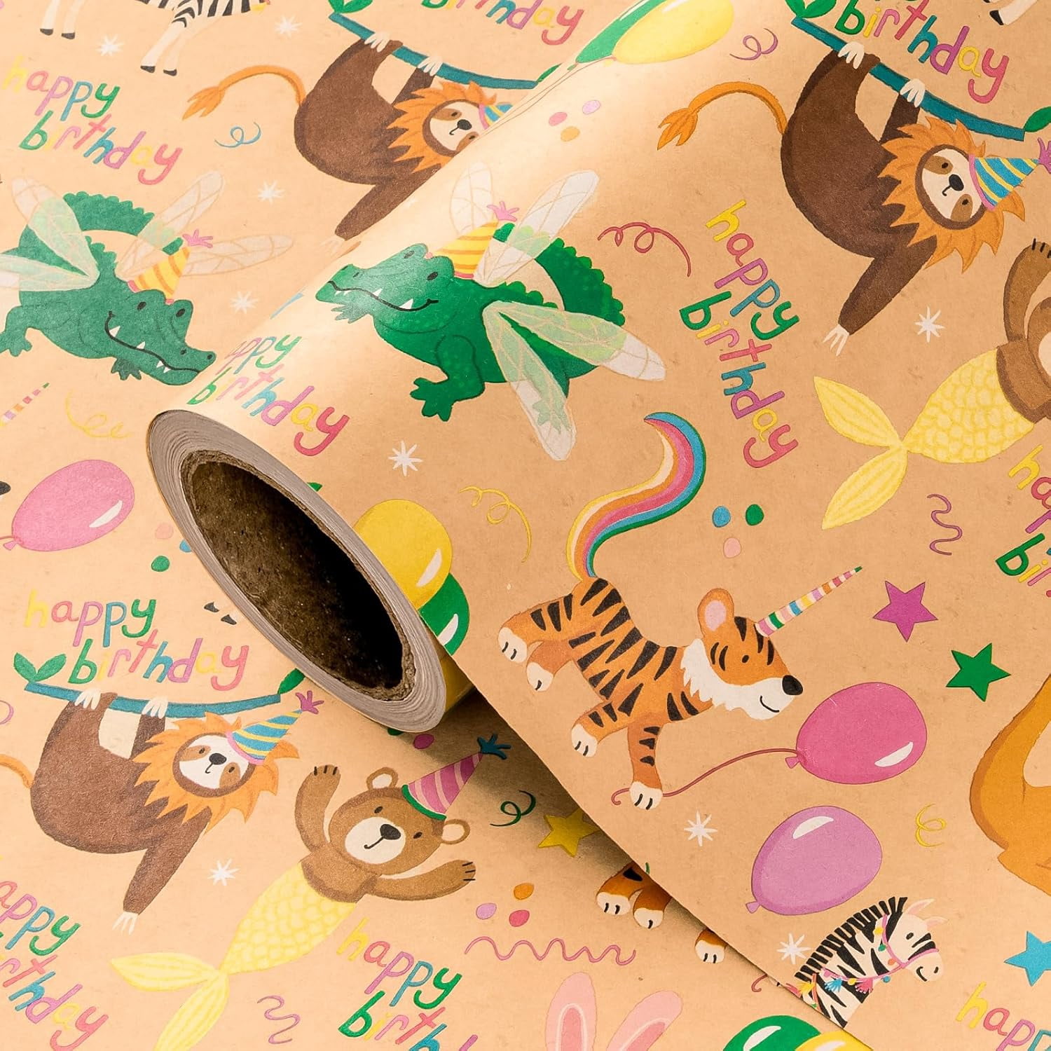 Kraft Animal Birthday Wrapping Paper Roll - Mini Roll - 17 Inch x 16.5 Feet - Animal Happy Birthday Wrapping Paper Perfect for Kids, Baby Shower