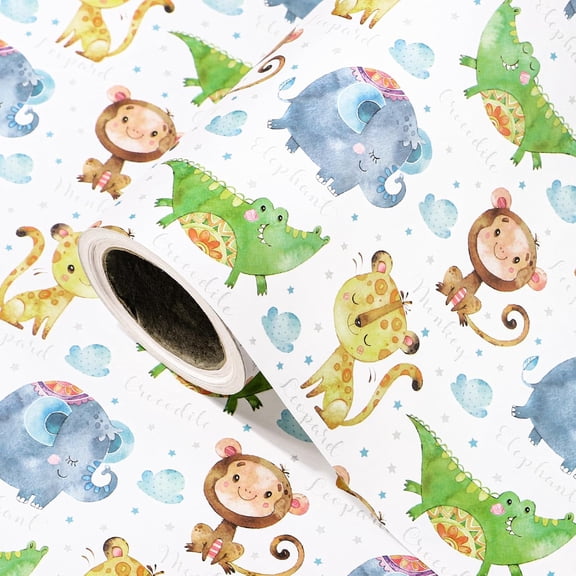 Kraft Animal Wrapping Paper Roll - Mini Roll - 17 Inch x 16.5 Feet - Cute Monkey, Elephant, Dinosaur Design Perfect for Baby Shower, Kids Girls Boys Birthday