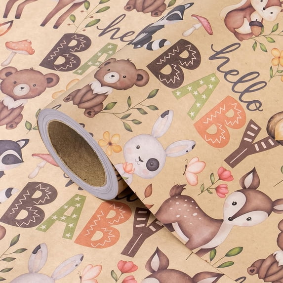 Kraft Baby Shower Wrapping Paper Roll - Mini Roll - 17 Inch x 16.5 Feet - Little Woodland Animal Wrapping Paper for Baby Shower, Kids Girls Boys Birthday