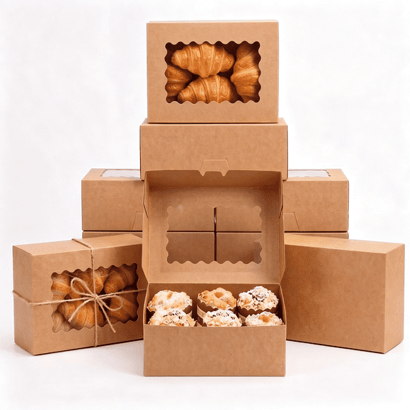 Kraft Bakery Boxes with Window 28 Pack, 9x6x3 Inch Auto Pop Up Pastry Box for Cupcakes Cookies