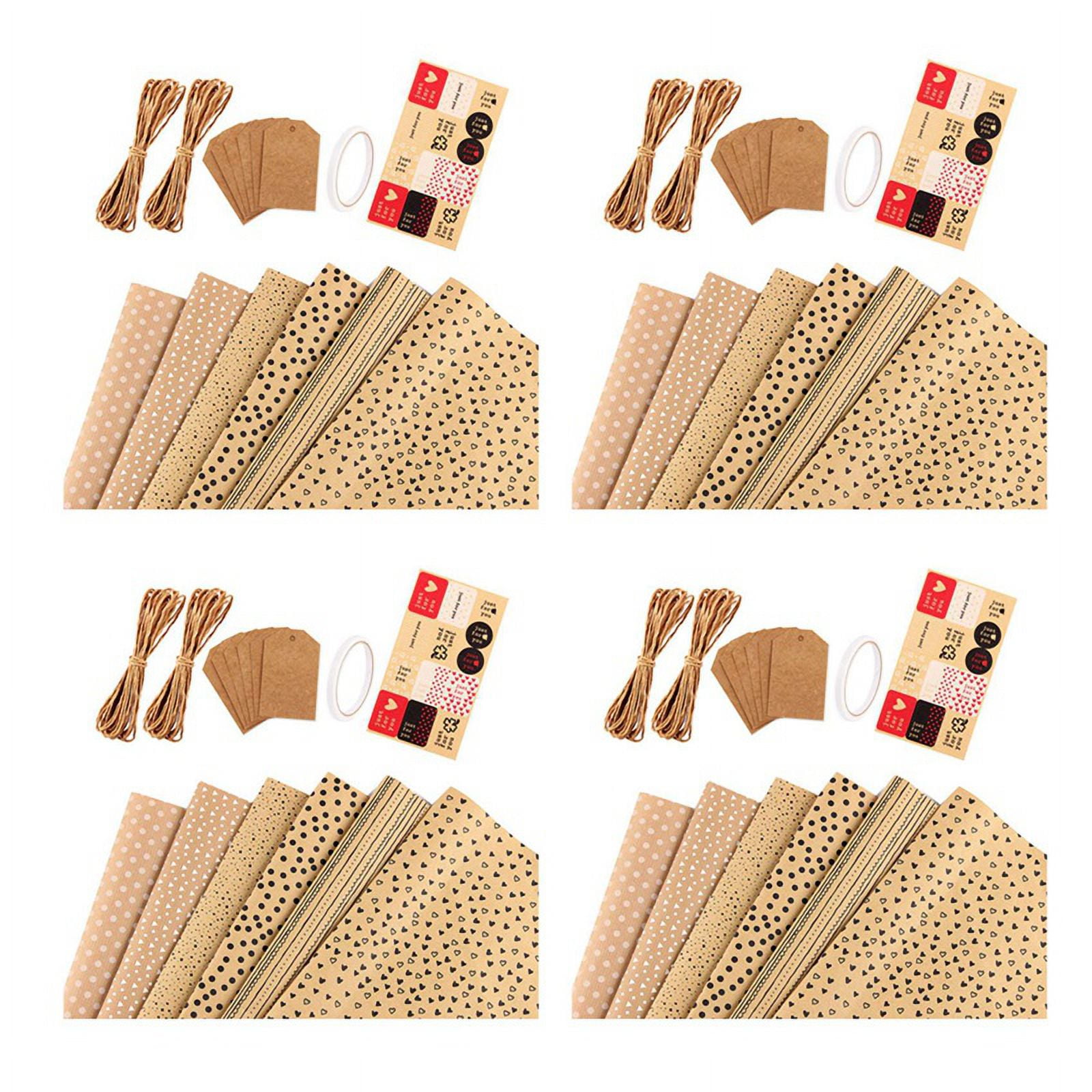 Kraft ,Birthday Wrapping Paper,24 Sheets Kraft Brown Wrapping Paper with Tags Strings Sticker,24 x wrapping paper 8 x rope 24 x tag 4 x double-sided tape 4 x sticker,brown