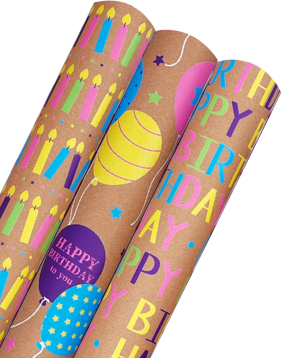 Kraft Birthday Wrapping Paper, Vintage Brown Gift Wrap Paper with Colorful Balloons Candles Happy Birthday for Party - 3 Rolls, 17 inch X 120 inch Each