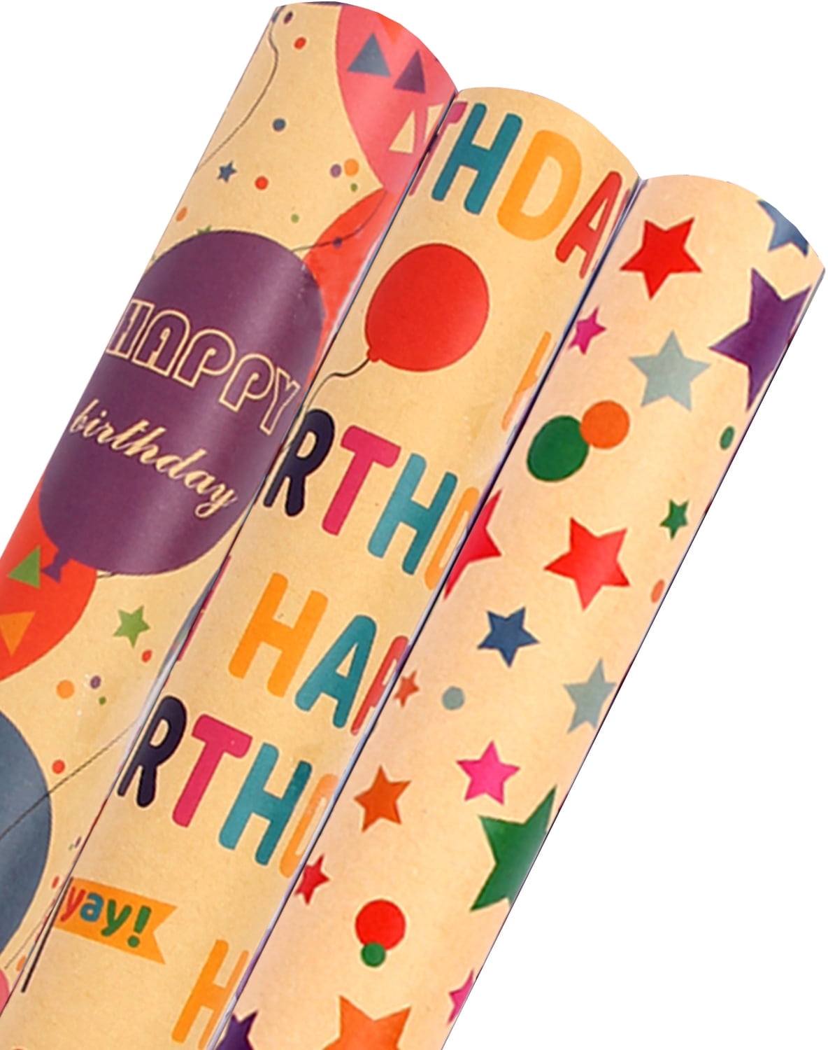 Kraft Birthday Wrapping Paper, Vintage Style Perfect for Men Women Kids Brown Kraft Wrap Paper with Colorful Balloons Stars Happy Birthday for Party - 3 Rolls, 17 inch X 120 inch Each