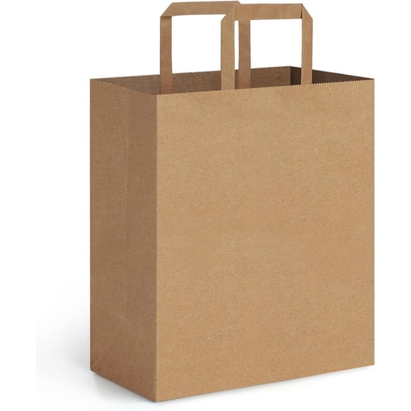 Kraft Brown Paper Bags with Handles Bulk, Gift Shopping Merchandise Retail To Go Bags for Takeout Containers, Flat Handles Wider-gusset Recycled Paper Sacks