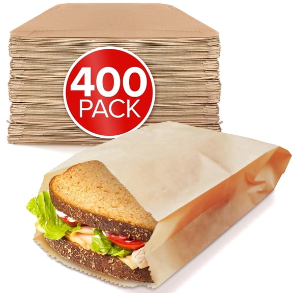 Stock Your Home Kraft Sandwich Bags, 400 Pack, Unbleached, Grease Resistant, Food Grade, Microwavable, Paper Lunch Bags