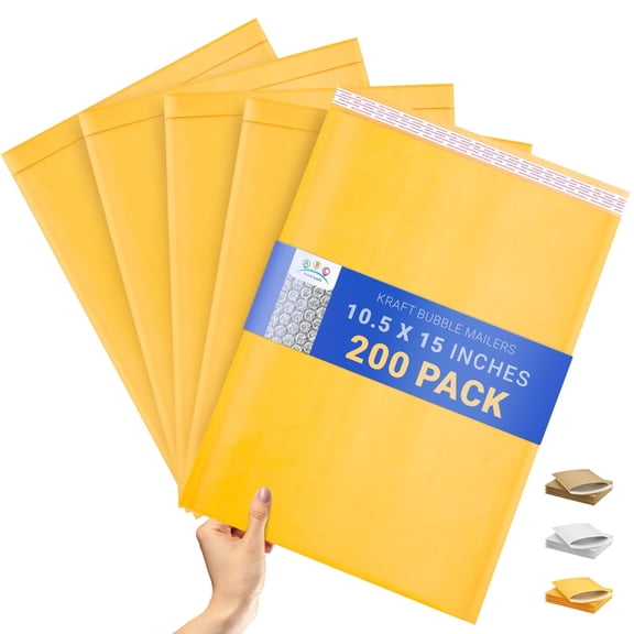 Kraft Bubble Mailer, Yellow Padded Envelopes, Tear Resistant, 200 pack, 10.5 x 15 in