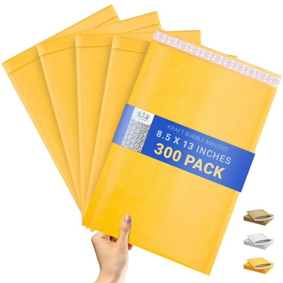 Yellow Kraft Bubble Mailers, Padded Self Seal Envelopes, 300 Count, 8.5 x 13 in