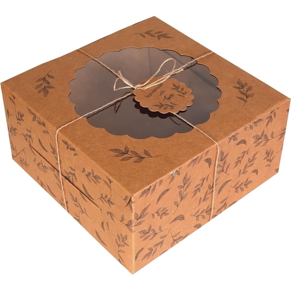 Kraft Cake Boxes with Window (10pcs) - Brown Bakery Boxes for Cakes, Donuts, Pie, Cookies, Cupcakes, Chocolates, Desserts: Size 10x10x5 Inches